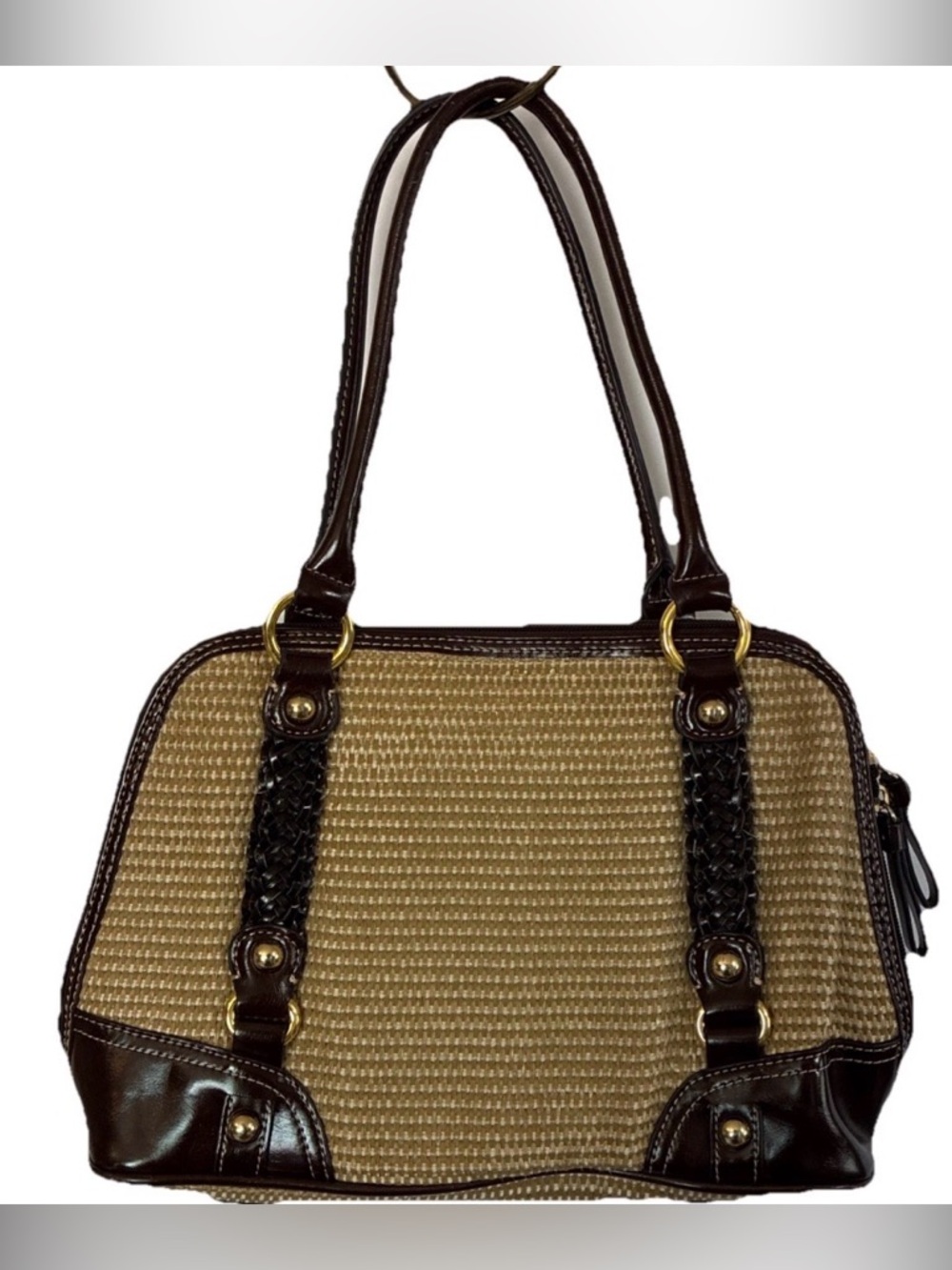 Giani Bernini -Woven Satchel Tote Brown Leather Trim Braided Straw Woven Hobo